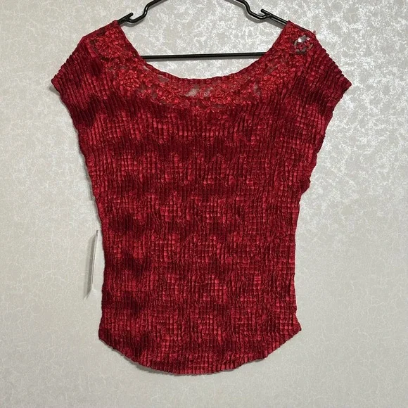 Nicola Red Embroidered Lace Neck‎ Stretchy Smocked Top Blouse Short Sleeve NWT L - Picture 2 of 5